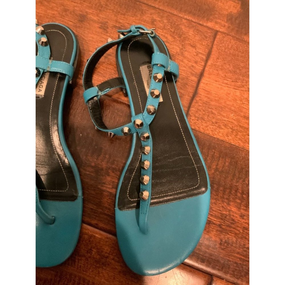 Balenciaga Teal Blue Leather Studded Thong Sandals, Size 6.5 (US) 36.5 (EU) - Picture 2 of 10